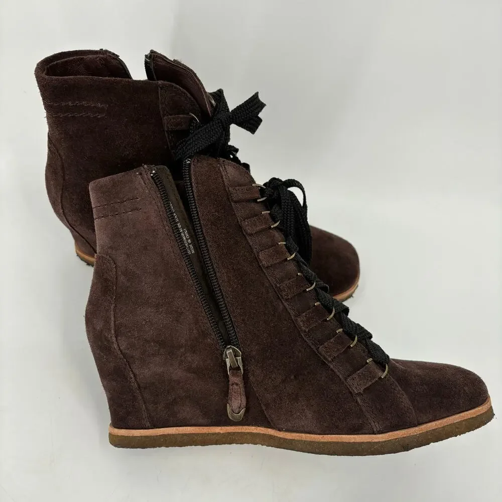 Earth‎ Ankle Boot Size 7.5 Kalmar Hidden Wedge Chocolate Brown Leather Side Zip